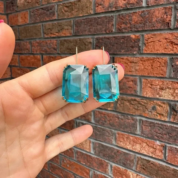 Aquamarine Crystal Gold Hook Earrings - Picture 7 of 9